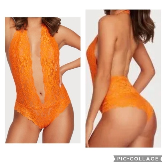 FREDERICKS OF HOLLYWOOD Women’s Plus Orange JESSICA Lace Teddy Deep Plunge Sz 2X - Picture 1 of 9